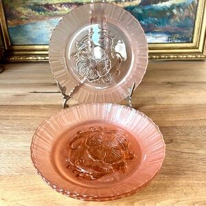 Vintage Pink Glass Plates - Embossed Floral Design